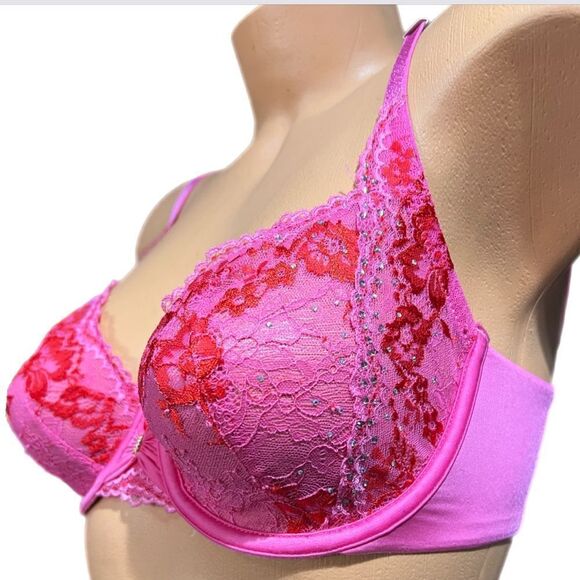 Victoria's Secret Rhinestone Embellished Lace Unlined bra Pink / Red 32DD - Picture 10 of 11